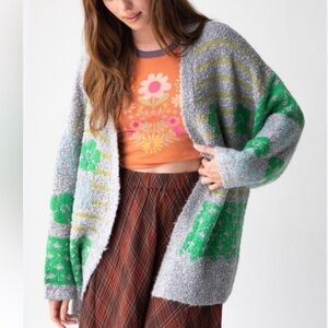 Natural Life Calla Jacquard Chunky Knit Boho Cardigan Sweater Sz S/M Green Gray